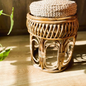 Handmade Cane Stool with Water Hyacinth Cushion