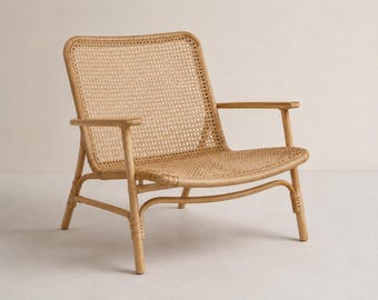 Handgeflochtener Rattensessel | Skandinavischer Rattan Akzent Stuhl | Boho Lounge Sitzfläche | Natürlicher Rohrgeflecht Sessel