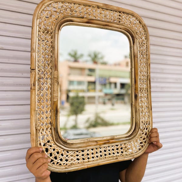 Handmade Cane Framed Mirror: Natural Woven Decor