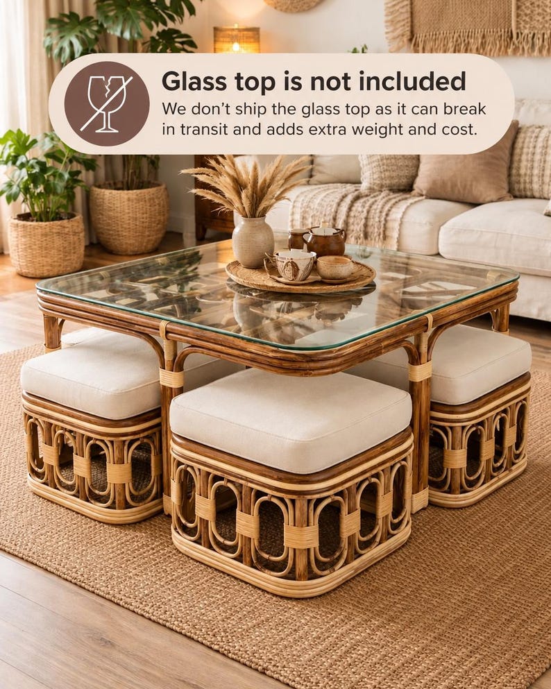 May include: A square rattan coffee table with four matching square ottomans featuring cream-colored upholstered cushions. The table frame is made of bent rattan poles. Text on the image states: Glass top is not included.