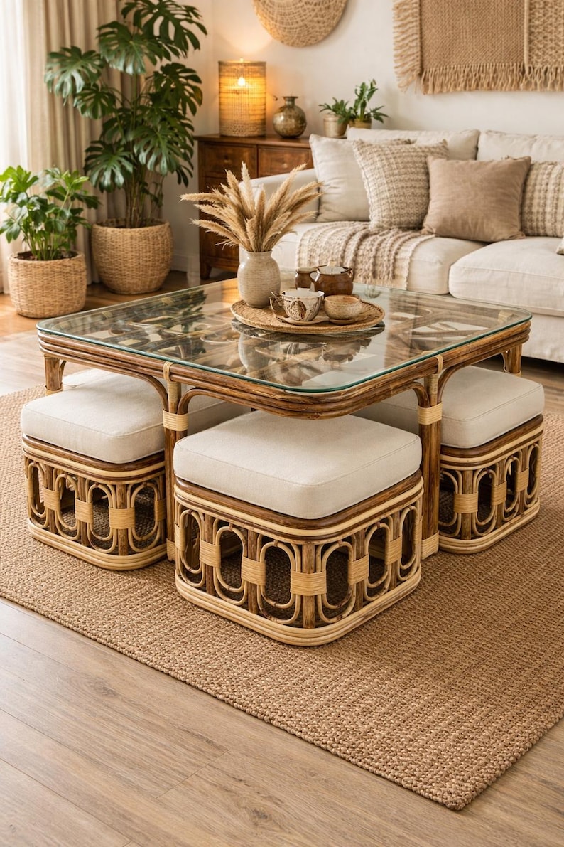 May include: A square coffee table with a glass top and a dark brown rattan frame, featuring four matching square ottomans with cream-colored upholstered cushions that tuck neatly underneath the table frame for compact storage.