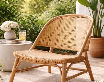 Naturgeflecht Lounge Chair | Handgewebte Rattan Boho Terrasse Sitzmöbel (mit Fußstütze)