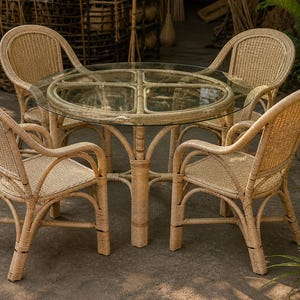 Puede incluir: Una mesa redonda de ratán con tapa de cristal y cuatro sillas a juego. Las sillas y la base de la mesa son de ratán tejido en color beige claro. La mesa tiene un diámetro de aproximadamente 100 cm.