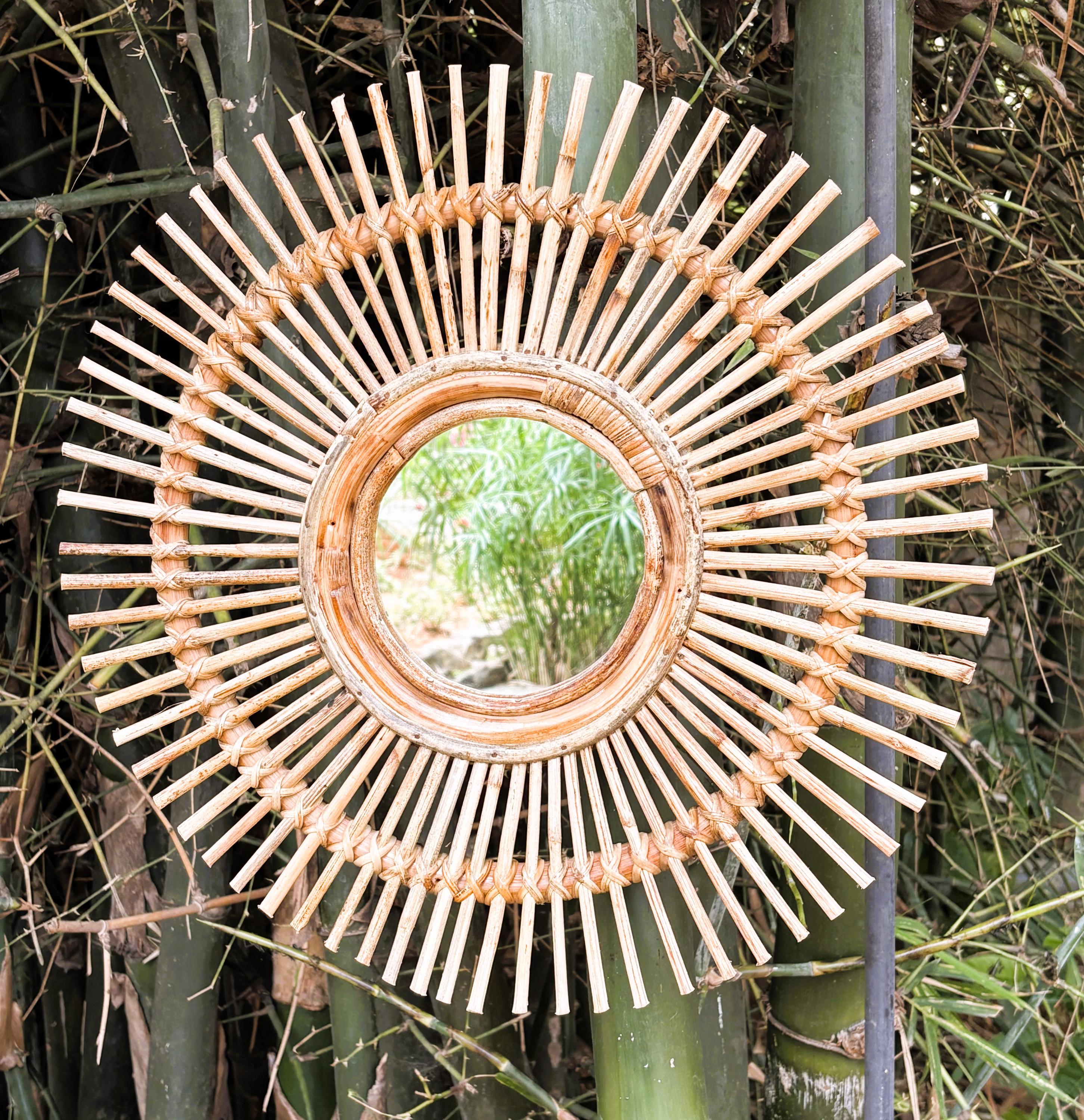 Sunburst Handwoven Cane Mirror - Artisan-made Eco-friendly Wall