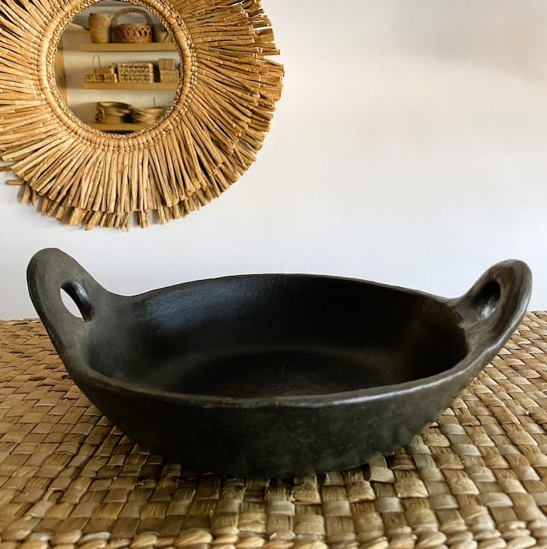 Sartén Kadhai Longpi de cerámica negra con asas laterales dobles: utensilios de cocina tradicionales artesanales imagen 1