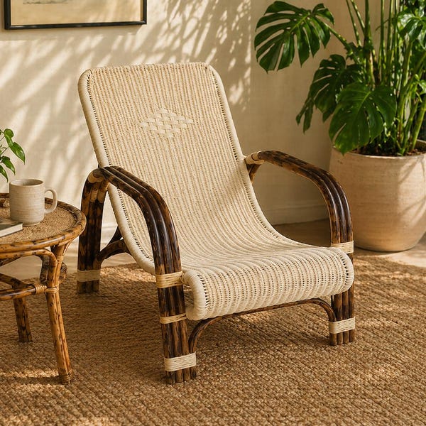 Handwoven Cane Lounge Chair – Minimalist Rattan Armchair, Boho Luxury Seating