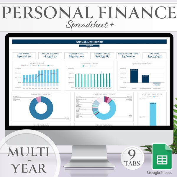 Planificador de finanzas personales, plantilla de hoja de cálculo de presupuesto digital, panel anual y mensual, rastreador de dinero de Google Sheets