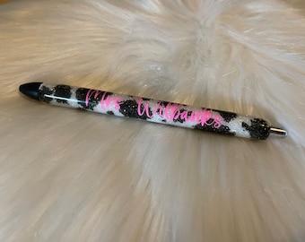 Cowprint glitter pen, custom pen with name, western gifts, personalized gel pen, reusable pen, ink joy gel pen, cowhide, gifts for her