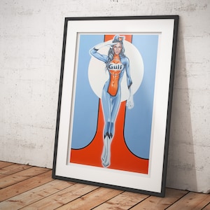 Gulf Racing limited edition print of hand painted image, showing a Gulf glamour model
