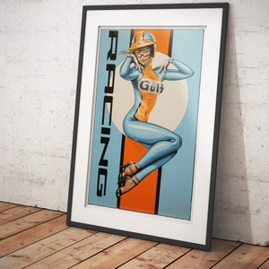 Gulf Racing limited edition print of hand painted image, showing a Gulf glamour model