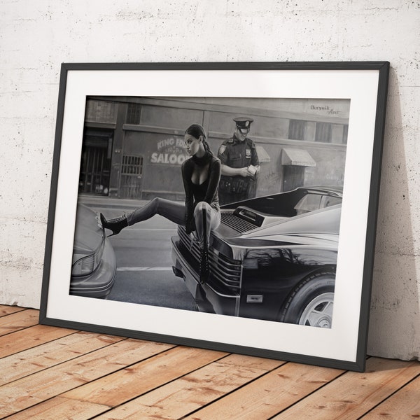 Ferrari Testarossa, stunning reproduction print of hand painted image showing a classic Italian sports car with glamour lady. Free shipping.