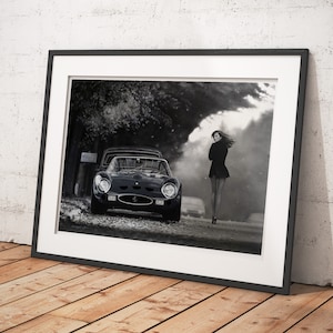 Ferrari 250GTO, stunning reproduction print of hand painted image showing a classic Italian sports car with glamour lady. Free shipping.
