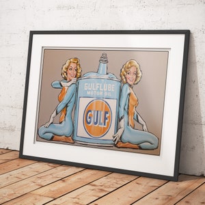 Gulf Racing limited edition print of hand painted image, showing a pair of Gulf glamour models