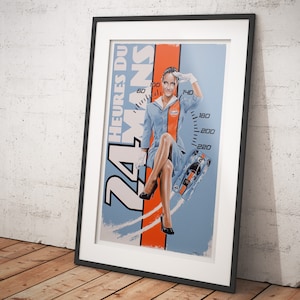 Gulf Racing limited edition print of hand painted image, showing a Gulf glamour model