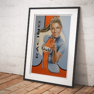 Gulf Racing limited edition print of hand painted image, showing a Gulf glamour model