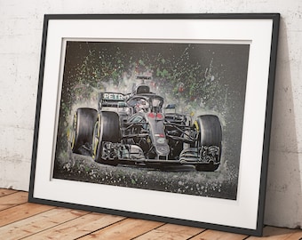 Lewis Hamilton limited edition print of hand painted image, showing his Mercedes AMG Formula One racing car