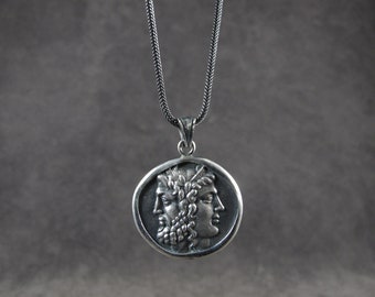 Janus Coin Pendant, Ancient Roman Sterling Silver Necklace