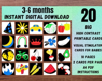 3-6 MONTHS PRINTABLE High Contrast Baby Sensory Flash Cards, Montessori Cards for Infant Vision Stimulation, Digital Download