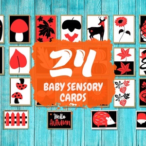 0-3 MOIS AUTOMNE IMPRIMABLE Cartes pour bébé à contraste élevé, cartes sensorielles monochromes pour la stimulation de la vision du nourrisson, 24 cartes, téléchargement numérique
