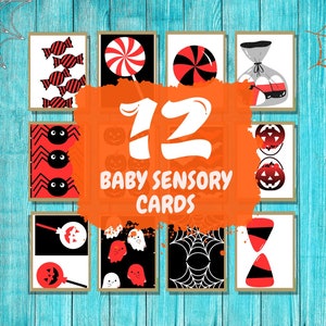 0-3 MESI STAMPABILE Halloween Carte per bambini ad alto contrasto, Carte sensoriali Montessori per la stimolazione della vista infantile, 12 Carte Download digitale