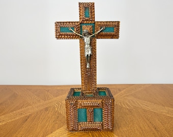 Crucifix Vintage French Style Walnut Religious Cross Metal Figurine LOT 6051