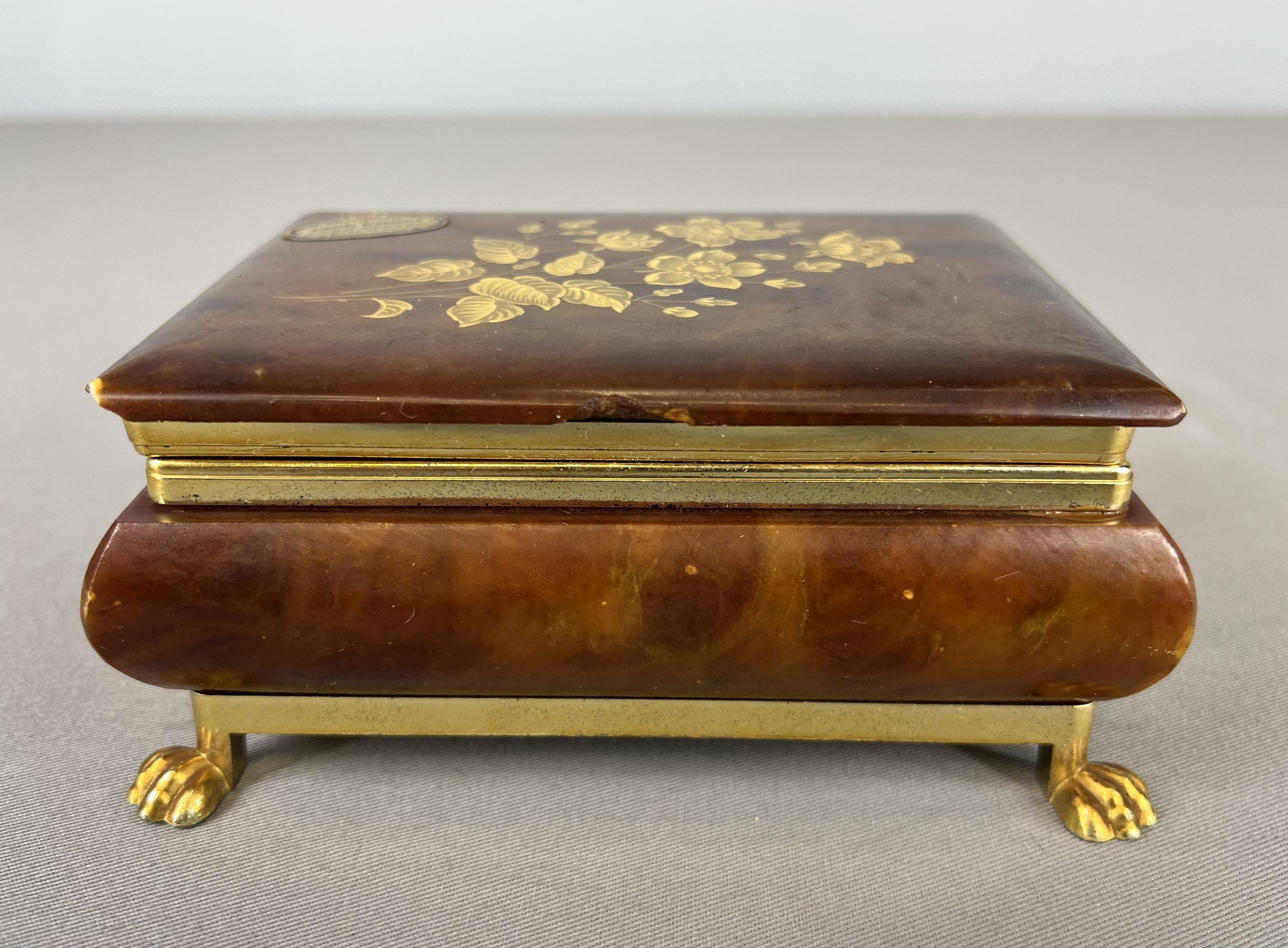 Vintage Italian Alabaster Jewelry Box With Gilded Floral