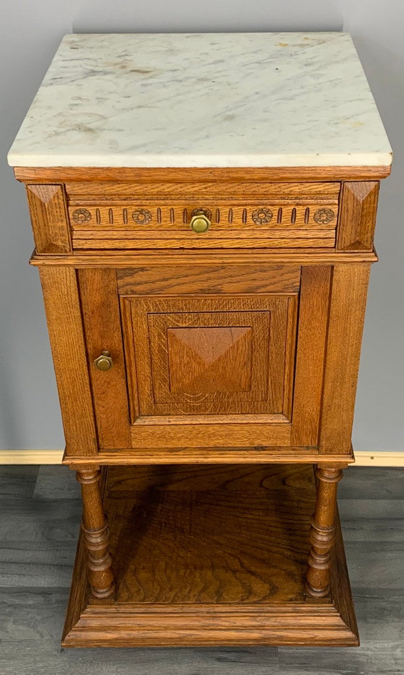 Carved French Antique Bedside Table Cupboard With Marble Top