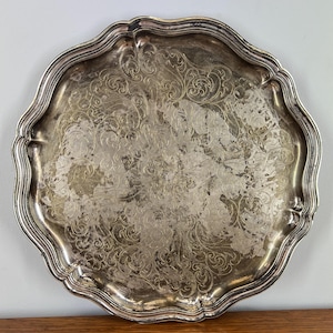 Vintage Silver Plated Platter | Floral Engraved Tray | Scalloped Rim Antique Tableware | Serving Display Plate | Lot 4065