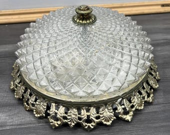 Vintage French Crystal Glass Ceiling Light Dome | Ornate Metal Frame | Elegant Floral Scrollwork Chandelier | LOT 4277