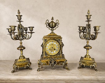 Reloj Vintage Estilo Francés Reloj Guarnición con Candelabros LOTE 4661