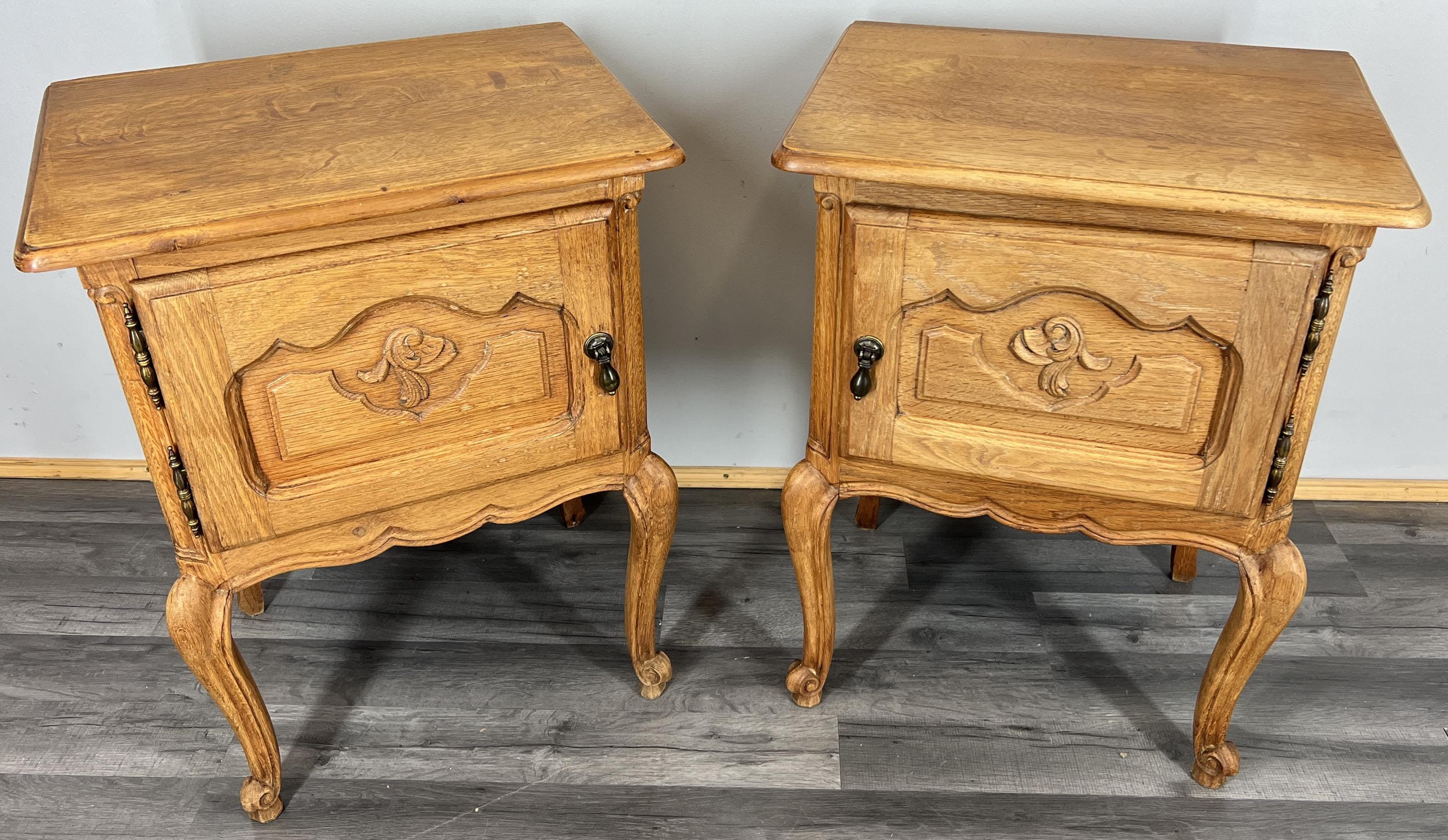 Vintage French Louis Oak Bedside Cabinets Pair Carved Door Nightstands