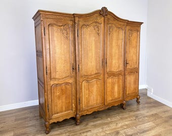Wardrobe Vintage French Louis XVI Style Oak Four Door Carved Armoire LOT 6099