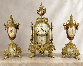 Antique French Bronze Cathedral Clock With Matching Candelabras
