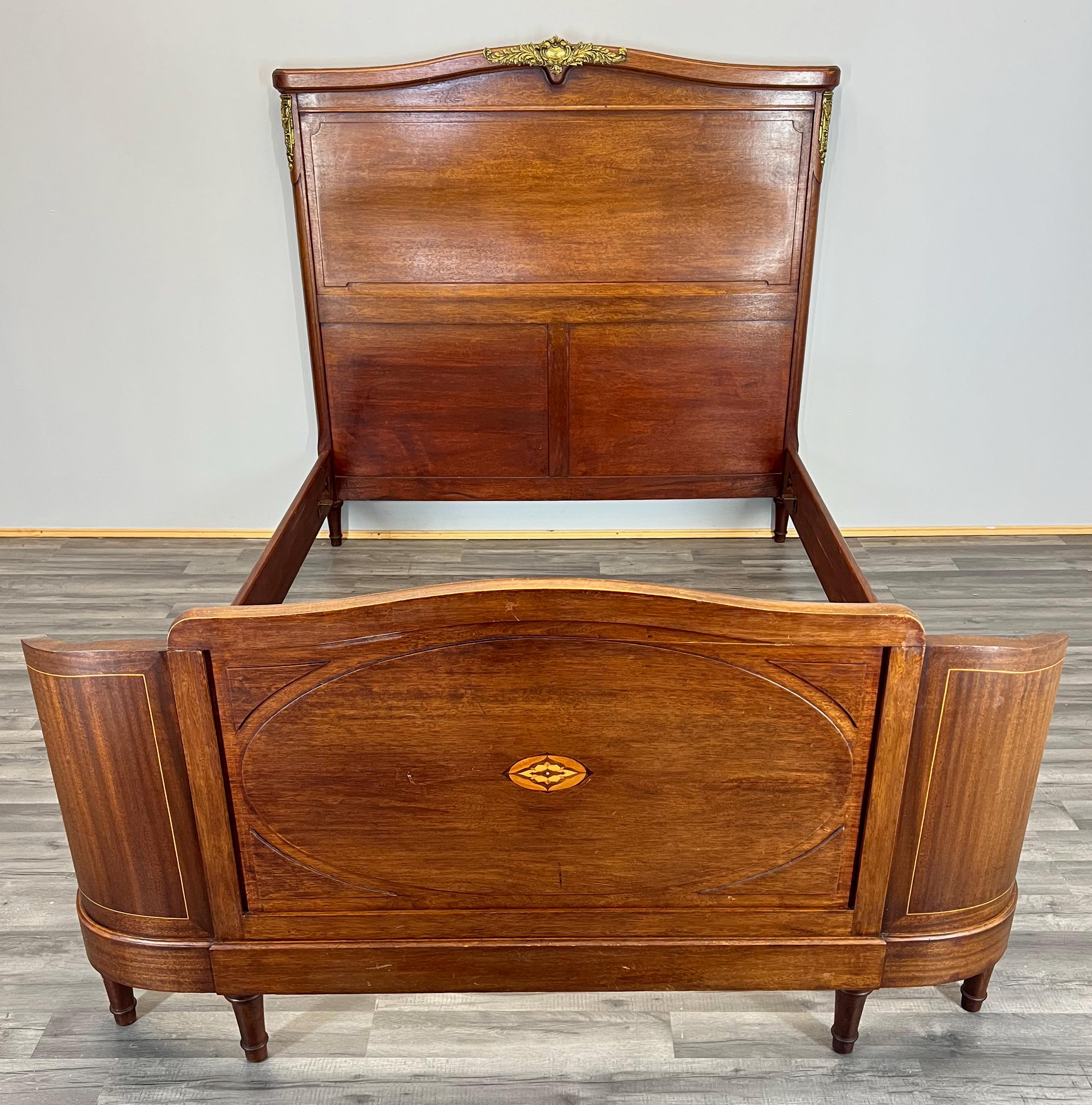 Antique French Double Bed Frame Carved Headboard with Brass Accents