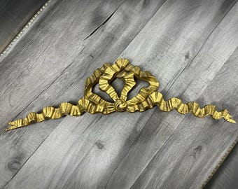 Antique French Metal Pediment | Decorative Ribbon Bow Applique | Architectural Salvage Gilt Wall Ornament Furniture Trim Rococo | Lot 4165