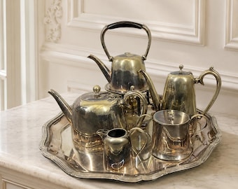 Vintage Franse verzilverde thee- en koffieset | 6-delig servies met dienblad | Elegant antiek servies woondecoratie | LOT 4417