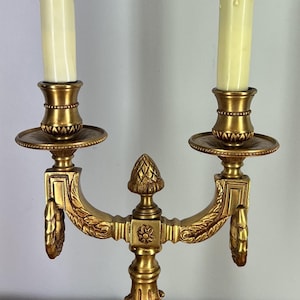 Può includere: Un candelabro dorato a due luci con un design decorativo. Presenta due finte luci a candela con lampadine trasparenti. La base e le braccia sono decorate con motivi floreali e fogliari. Il candelabro è alto circa 30 cm.