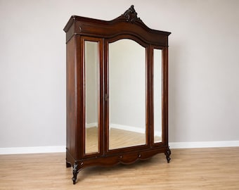 Wardrobe Antique French Style Walnut Two Door Mirrored Carved Armoire LOT 6133