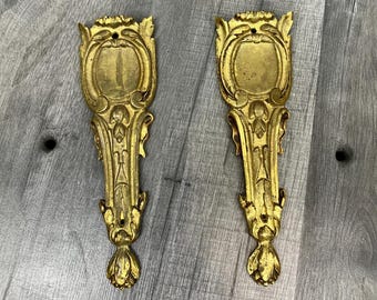 Antique French Metal Appliques | Pair Decorative Gilt Ornaments | Architectural Salvage Furniture Mounts | Vintage Rococo Decor | Lot 4169