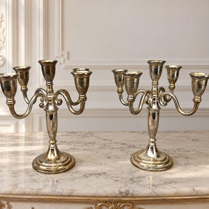 May include: A pair of silver-toned metal candelabras, each featuring a central stem with four curved arms extending outwards. Each candelabra holds five candles in total, supported by a circular base with a polished, reflective metallic finish.