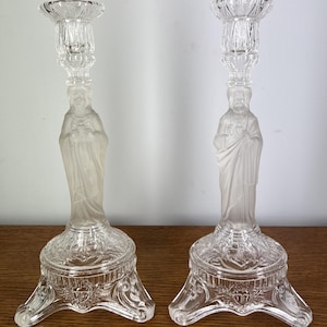 Vintage Glass Candlestick Holders | Sacred Heart Religious Pair | Clear & Frosted Glass Decor | Catholic Altar Style | Lot 4021