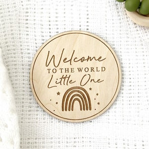 Rainbow Baby Arrival Sign | Welcome To The World Sign l Engraved Baby Name Plaque | Wooden Birth Gift | Social Media Photo Prop Disc