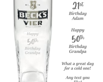 Personalized Becks Vier Retro Pint Glass | Engraved Birthday Gift for Lager Lover