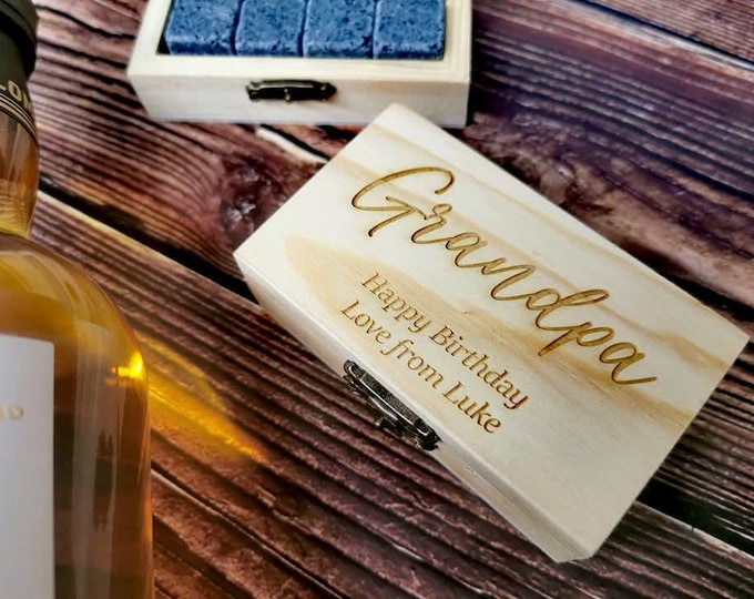 Featured listing image: Personalised Engraved Whiskey Stones Set | Wooden Box, Gifts for Him