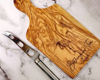Engraved Olive Wood Cheese Board: Personalized Portrait Paddle Board