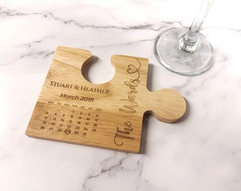 Engraved Jigsaw Wooden Coaster, Personalized Anniversary Gift