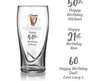 Verre à Guinness anniversaire gravé personnalisé | Cadeau d'anniversaire pour les 18, 21, 30, 40, 50, 60 et 70 ans | Amateur de Guinness | Cadeau pour lui