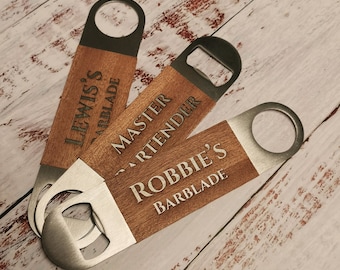Personalized Wood Wrapped Bar Blade Bottle Opener: Custom Engraved Gift