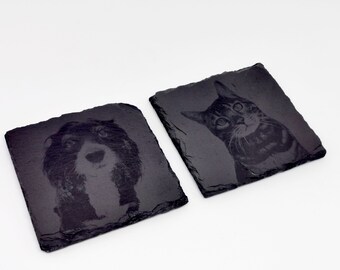 Engraved Pet Portrait Slate Coaster: Personalized Pet Memorial