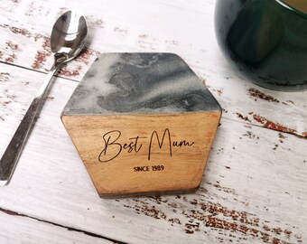 Engraved Marble and Acacia Wood Coaster | Personalized Gift